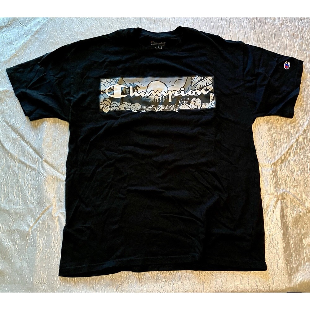 Champion Mens Graphic Box Logo T-Shirt Black Tropical Sunset Large GT23H 003